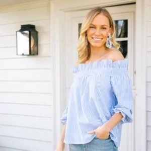 Tuckernuck | Off Shoulder blue and white striped, Marguerite Blouse top, size